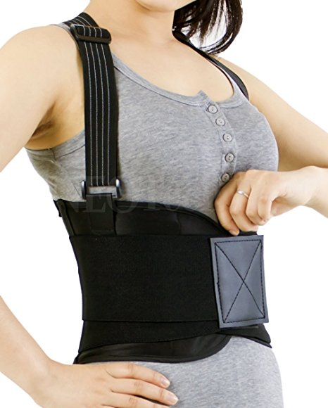 Back Brace with Suspenders for Women, Lumbar Support for Lower Back Pain, Gym / Bodybuilding / Weight Lifting Belt, Training, Work Safety and Posture - NEOtech Care (TM) Brand - Black Color - Size L