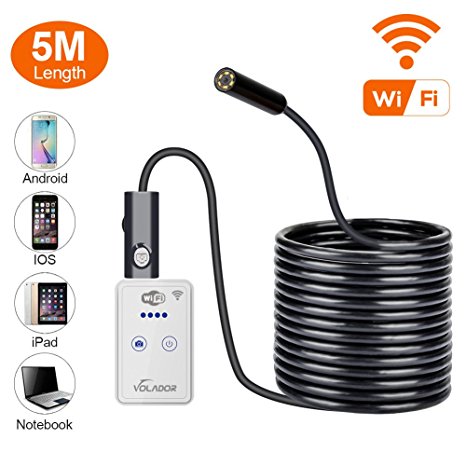 WiFi Wireless Endoscope, Volador 5M USB Endoscope 9 mm Waterproof Snake Inspection Camera 2.0 Megapixels 720P 6 Leds Borescope for All iPhones / Android Phones / Tablets/ Laptop with WIFI Function