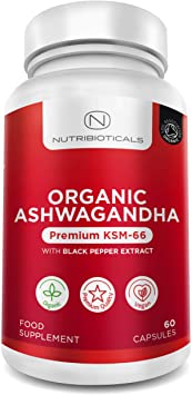 Organic Ashwagandha KSM-66 Vegan with Organic Black Pepper | Certified Organic by Soil Association | Ayurveda Formula Known as Withania Somnifera | Made in UK by Nutribioticals | 60 Capsules