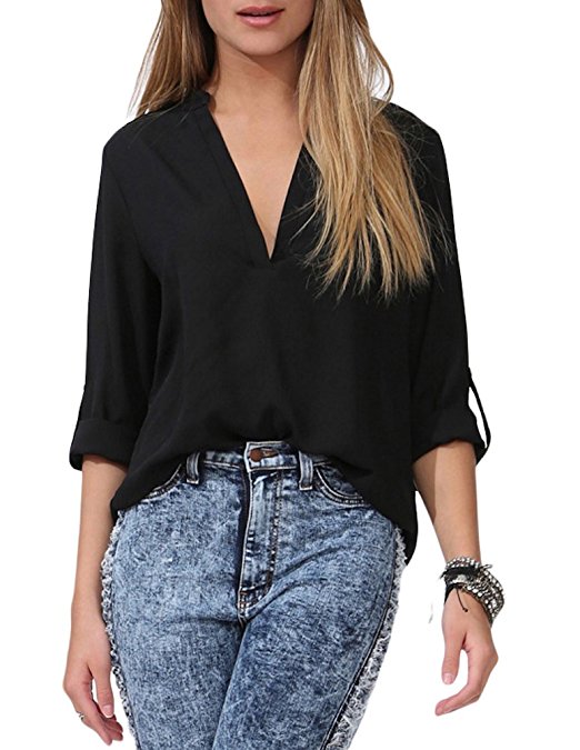 roswear Women's Casual V Neck Cuffed Sleeves Solid Chiffon Blouse Top