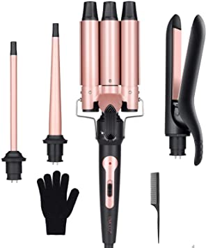 Curling Wand Set 4 in 1 - EMOCCI Hair Waver Iron Crimper with 3 Barrel Beach Waves 0.35-1.25 inch Curler and Straightener 2 in 1 with 4 Interchangeable Barrels for Curly and Straight Hairstyle