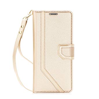 FYY Leather Case with Mirror for iPhone Xs (5.8") 2018/iPhone X/10 2017, Leather Wallet Flip Folio Case with Mirror and Wrist Strap for iPhone Xs (5.8")/iPhone X/10 Gold