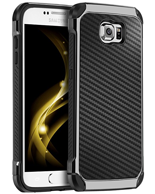 Galaxy S6 Case, S6 Case, BENTOBEN 2 in 1 Cool Slim Hybrid Hard PC Cover Laminated with Carbon Fiber Chrome Anti-scratch Shockproof Protective Case for Samsung Galaxy S6 (G920), Black