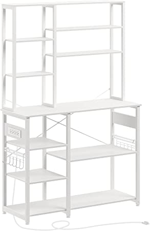 Rolanstar Baker's Rack with 4AC Power Outlet, 10-Tier Kitchen Utility Storage Shelf with 15 Hooks, Microwave Oven Stand, Coffee Bar Station, Stable Industrial Kitchen Stand Rack, White