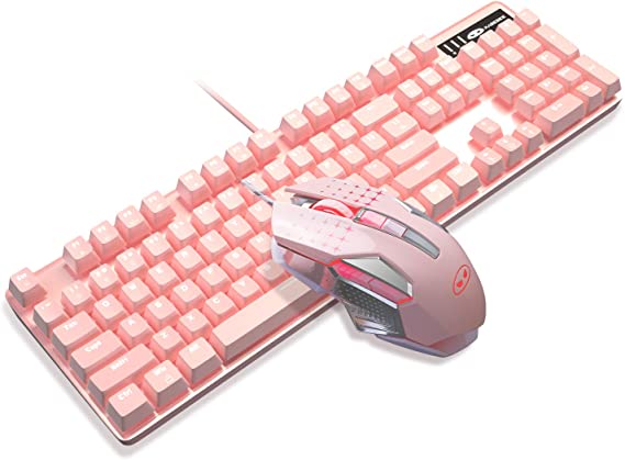 Pink Mechanical Gaming Keyboard and Mouse Combo Blue Switch 104 Keys White Backlit Keyboards, 7 Button Mouse Wired for Windows, Computer, Desktop, PC, Notebook, Laptop(Pink)