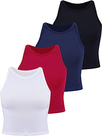 4 Pieces Basic Crop Tank Tops Women Sleeveless Racerback Crop Tops Cotton Sport Crop Tops for Lady Girls Daily Wearing