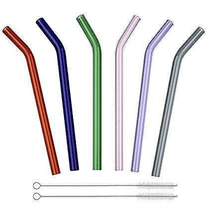 Reusable Long Bent Glass Drinking Straws, 8" 8mm Set of 6 with 2 Cleaning Brushes, Multi Color for Smoothies, Milkshake, Tea, Juice, Water, Essential Oils BigNoseDeer (6 color)