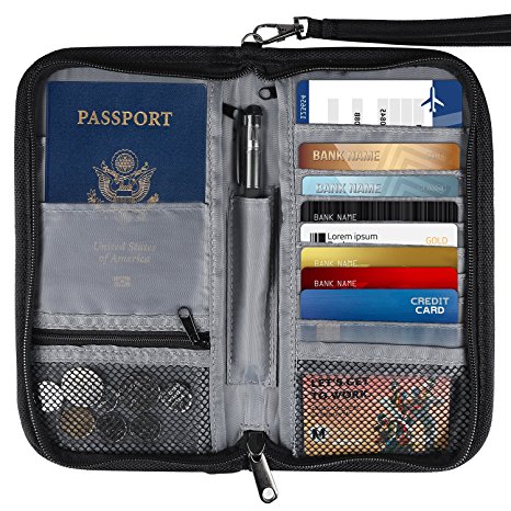 Passport Holder, ONSON Travel Wallet Organiser with RFID Blocking for Men Women Family, Credit Card Ticket Cellphone Document Bag (Black)