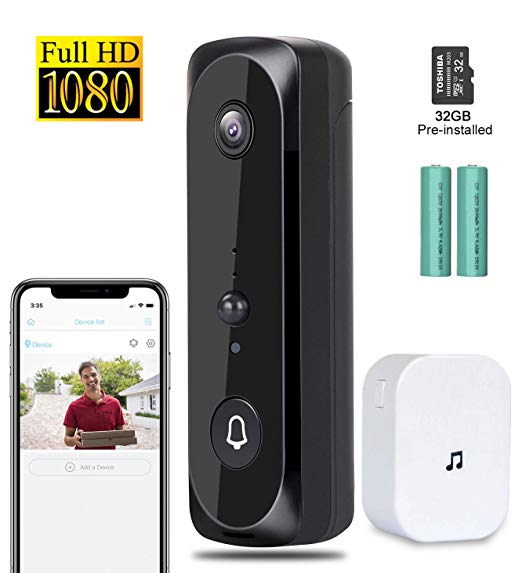 WiFi Video Doorbell - ZHENREN 1080P HD Wireless Doorbell Camera with PIR Motion Detection, Night Vision, 166°Wide Angle, Two-Way Audio, 2.4GHz WiFi, Included Free Chime and 32G Micro SD Card