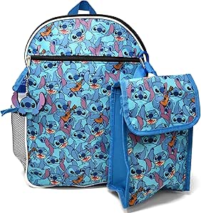 Disney Lilo & Stitch Backpack Large 16 inch 5-Piece Set for Kids, Book Bag with Detachable Snack Tote Bag, Water Bottle, Lilo & Stitch Keychain, Carabiner Key Holder, Perfect for Back to School