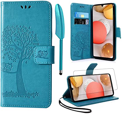 Mavis's Diary Flip Case for Galaxy A42 5G, with Styluses, Tempered Glass Screen Protector, Leather Card Slots Folio Wallet Case Protective Cover Compatible with Samsung Galaxy A42 5G 6.6" (Blue)