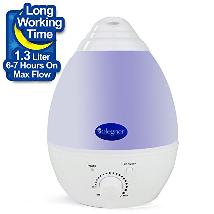 Bolegner Multi-Color Cool Mist Ultrasonic Humidifier, Aroma Essential Oil Diffuser, Whisper Quiet “No Noise” 1.3 Liter Tank Works All Night, Waterless Auto Shut-Off, Cozy Cool 7 Color LED Lights