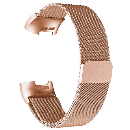 POY Metal Replacement Bands Compatible for Fitbit Charge 3 and Charge 3 SE Fitness Activity Tracker, Milanese Loop Stainless Steel Bracelet Strap with Unique Magnet Lock for Women Men