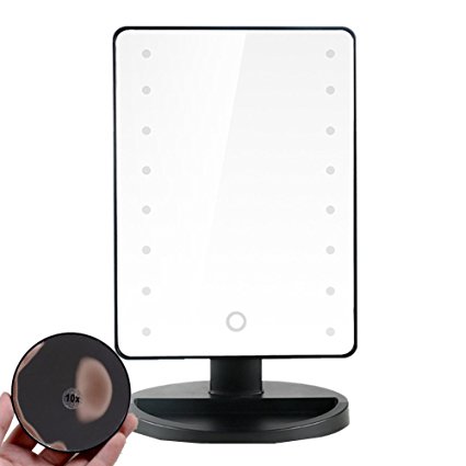 Runytek 16 LEDs Battery Operated Cordless Touch Screen Lighted Vanity Cosmetic Make Up Mirror / Makeup Mirror with LED Lights 10x Magnification Spot Mirror (Black)