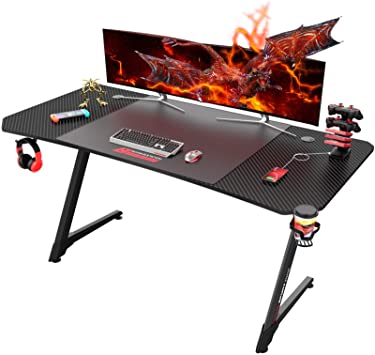 LEMBERI 63 inch Gaming Desk, Z-Shaped Computer Desk with Free Large Mouse Pad, Professional Game Work Station, PC Gamer Table with USB Gaming Handle Rack, Stand Cup Holder&Headphone Hook (63", Black)