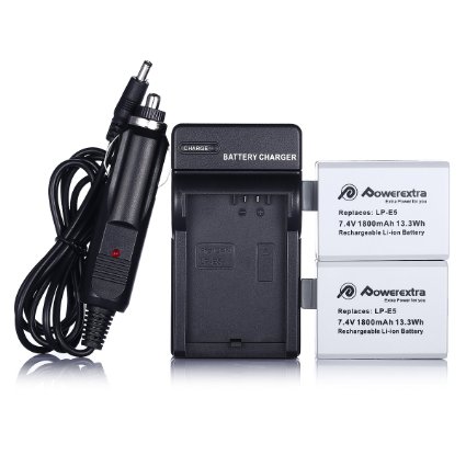 Powerextra 2 Pack 7.4V 1800mAh Replacement Canon LP-E5 Battery And Charger for Canon EOS Rebel XS, Rebel T1i, Rebel XSi, 1000D, 500D, 450D, Kiss X3, Kiss X2, Kiss F (Free Car Charger Available)
