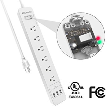 ZOOMACH Surge Protector Power Strip With USB 6-Outlet 2200 Joule 1875W /15A White UL Certified
