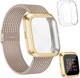 HAPAW Metal Bands Plus Screen Protector Case Compatible with Fitbit Versa 2, Stainless Steel Magnetic Mesh Strap Men Women Bracelet Wristbands Accessories with 2-Pack Bumper Cover for Versa 2 Smartwatch (Champagne, Small)