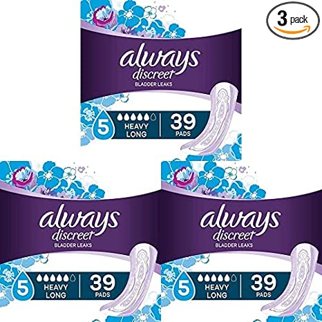 Always Discreet, Incontinence Pads for Women, Maximum, Long Length (Packaging May vary), Purple, 39 Count (Pack of 3)