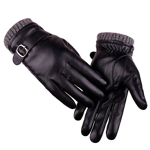 T-GOTING Mens Touch Screen Lined PU Faux Leather Winter Driving Gloves