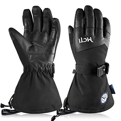 MCTi -30℉ Mens Ski Gloves Waterproof Winter Snowboard Touch Screen PU Leather Widen Cuff Gloves with Wrist Leashes