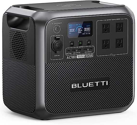 BLUETTI Portable Power Station AC180, 1152Wh LiFePO4 Battery Backup w/ 2 1800W (2700W peak) AC Outlets, 0-80% in 45Min, Solar Generator for Camping, Off-grid, Power Outage