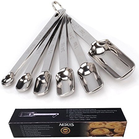 AEDILYS Set of 6 Best Measuring Spoons for Dry & Liquid Ingredients -Narrow Shape to Fit in Spice Jars with Bonus Leveler Narrow Accurate Perfect for Baking & Cooking - Engraved