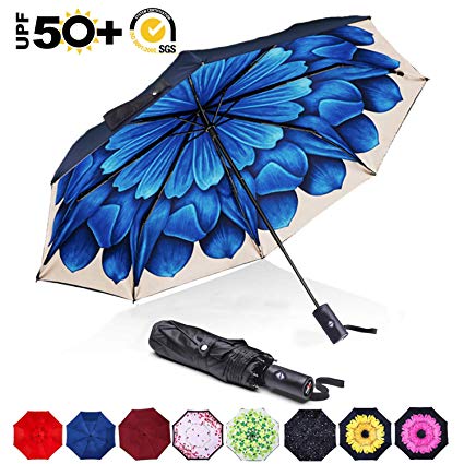 ABCCANOPY Umbrella Compact Rain&Wind Teflon Repellent Umbrellas Sun Protection with Black Glue Anti UV Coating Travel Auto Folding Umbrella, Blocking UV 99.98%