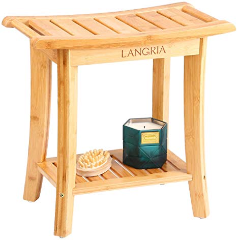 LANGRIA Bamboo Shower Bench Waterproof Wood Shower Chair, Spa Bath Organizer Seat Stool with Rubber Feet Hanging Rods for Indoor or Outdoor Bathroom Shower Seat (18.20"x9.80"x18.80")
