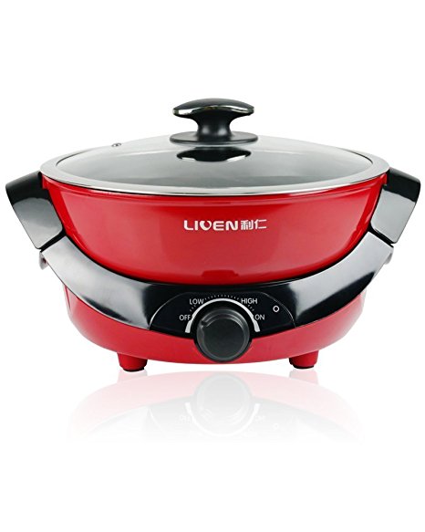 Liven HG-S480A Dual Sided Electric Hot Pot with Divider, Shaba Shabu Non-stick, 1200W, Red