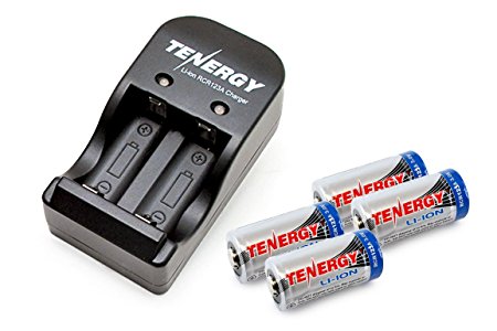 Kits: 4 Tenergy RCR123A 3.0V 600mAh Rechargeable Li-Ion Protected Batteries with a Smart Charger