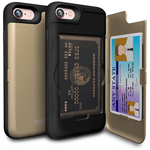 iPhone 7 Case, TORU [iPhone 7 Wallet Case Gold] Dual Layer Hidden Credit Card Holder ID Slot Card Case with Mirror for iPhone 7 (2016) / iPhone 8 (2017) - Gold