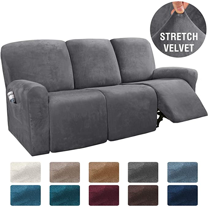 H.VERSAILTEX 8-Pieces Recliner Sofa Covers Velvet Stretch Reclining Couch Covers for 3 Cushion Sofa Slipcovers Furniture Covers Form Fit Customized Style Thick Soft Washable(Large, Grey)