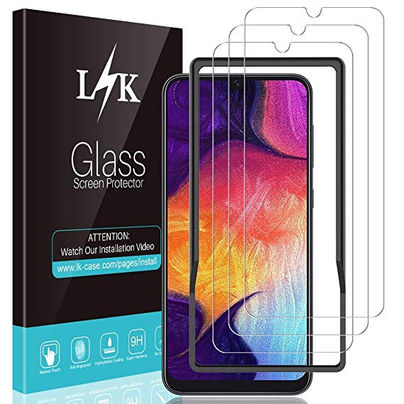 [3 Pack] L K Screen Protector for Samsung Galaxy A50, [Frame-Installation] Tempered-Glass 9H Hardness, Lifetime Replacement Warranty