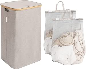 StorageWorks Large Laundry Hamper with Lid, 100L Tall Laundry Basket with Bamboo Handles and 2 Removable Inner Bag, Collapsible Laundry Hamper for Clothing, Toys, Towels, Brown and Beige, 1-Pack