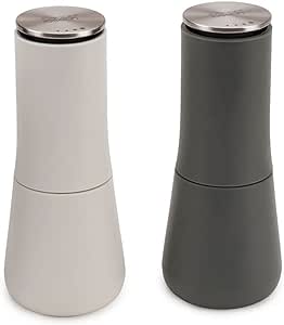 Joseph Joseph Milltop Non-Spill Salt and Pepper Mill Set Refillable with Ceramic Grinding, White/Grey