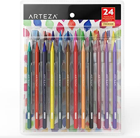 Arteza Woodless Watercolour Pencils, Set of 24, Multi Colouring Art Drawing Pencils, Great for Blending and Layering, Watercolour Techniques and Adult Colouring Books
