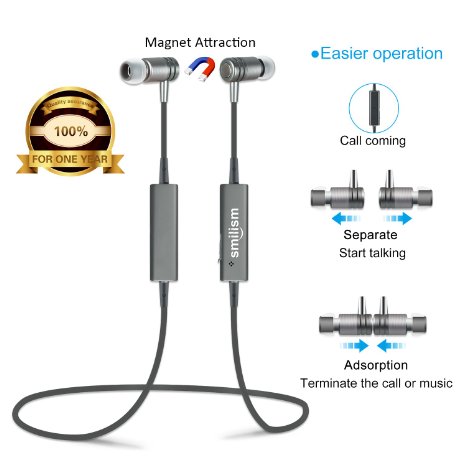 Bluetooth Headset Smilism Magnetic Wireless Stereo In-ear Sport Running Earbuds Earphones With Mic Noise Reducing for iPhone 6S 6S Plus Sumsang S6 S5 Android Phone Bluetooth V41