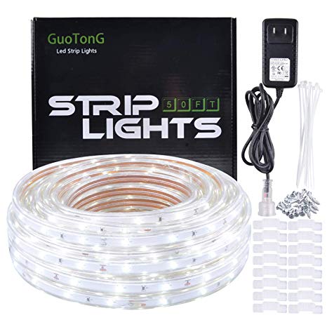 GuoTonG 12V LED Strip Rope Lights, Daylight White 50ft/15m, Flexible, Unconnectable, Waterproof, SMD 2835 Lamp, Home, Kitchen, Party, Christmas
