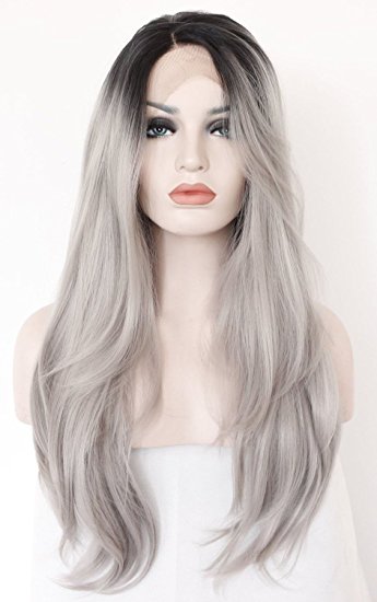 DLW Hair Long Straight Ombre Black Root to Grey Synthetic Lace Front Wig for Women, 18 Inch