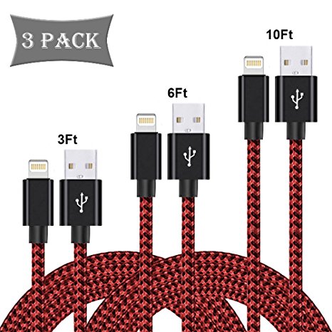 Auideas iPhone Cable,3Pack 3FT,6FT,10FT Nylon Braided Lightning Charger to Cable Data Syncing Cord Compatible with iPhone 7/7 Plus/6S/6S Plus,SE/5S/5,iPad,iPod Nano 7(Black Red)
