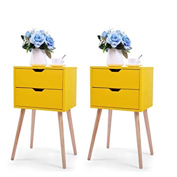 JAXPETY Set of 2 Nightstand 2 Drawers End Table Storage Wood Cabinet Bedroom Accent Side Table (Yellow)