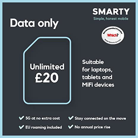 SMARTY Unlimited Data only SIM. 1 month plan, No contract, EU Roaming