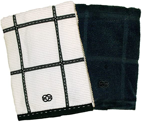 Calphalon 092114 2-Piece Solid and Check Kitchen Towel Set, Black Licorice