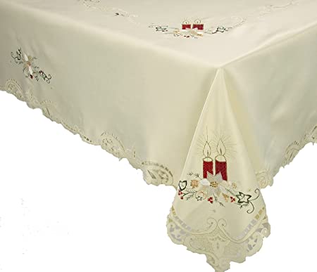 Xia Home Fashions Noel Candle Holiday Embroidered Cutwork Tablecloth, 72-Inch by 108-Inch