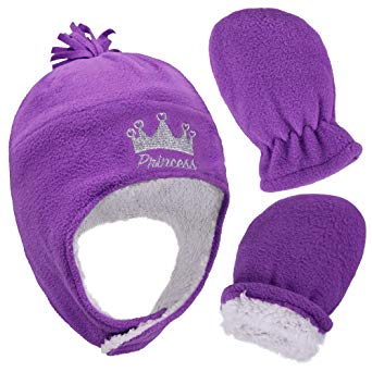 SimpliKids Kids and Toddlers' Sherpa Lined Embroidered Fleece Hat and Mitten Set