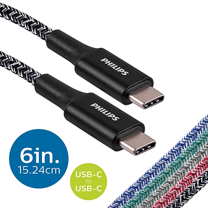 Philips 6 in. 2 Pack USB Type C Cable, USB-C to USB-C Black Durable Braided Fast Charging Cable, Compatible with iPad Pro, MacBook Pro, Samsung Galaxy S10 S9 Note 9 8 S8 Plus, DLC5221BC/37