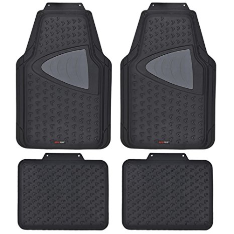 Motor Trend Eco-Clen Car Rubber Floor Mats - 100% Odorless, 2 Tone Color, Trimmable Fit, 4 Piece Set (Black)