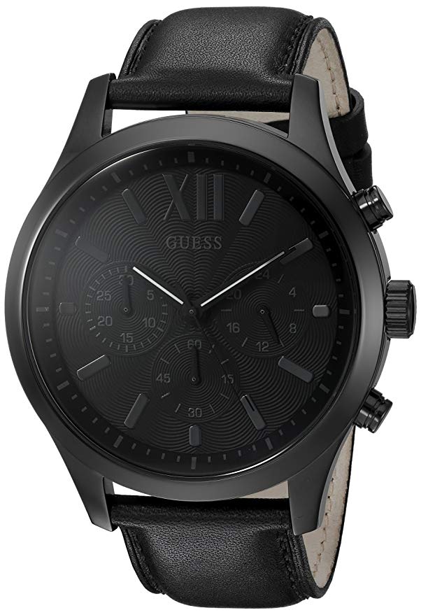 GUESS  Smooth Genuine Leather Chronograph Watch with Date. Color: Black (Model: U0789G4)