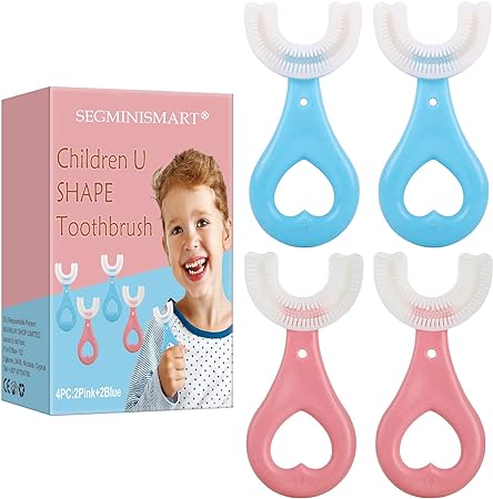 SEGMINISMART Kids U Shaped Toothbrush,U Shape Toothbrush,U Shape Kids Manual Toothbrush,Soft Silicone Brush Head,360° Oral Teeth Cleaning Design for Toddlers and Children,4 Pack